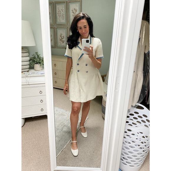 SANDRO Off White Tweed Blue Trim A-Line Double Breasted Seville Dress Size 36 - Picture 11 of 16